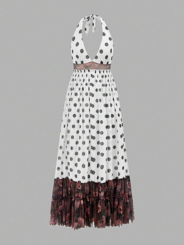 TryMe Colorblock Open Shoulder White And Black Polka Dot With Polka Dots Dress For Women Vacation Summer Romantic 1960s Vintage 70s Retro Vacation Party