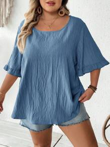 SHEIN CURVE+ 大码女式夏季纯色圆领半袖宽松休闲衬衫夏季/乡村/海滩度假装/沙滩装/沙滩装