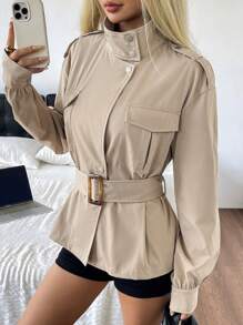 SHEIN EZwear 秋季新款休闲工装风立领宽松风衣 - 卡其色 - 查看 6