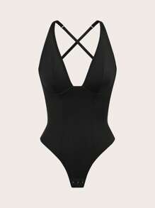 SHEIN Women's Solid Color Deep V-Neck Backless Crisscross One-Piece Shapewear UnderwearOuter - Black - View 5