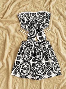 Soleia 2pcs Women Set: Allover Print Asymmetric Hem Tassel Tube Top And Elastic Waist Shorts Boho - Black and White - View 2
