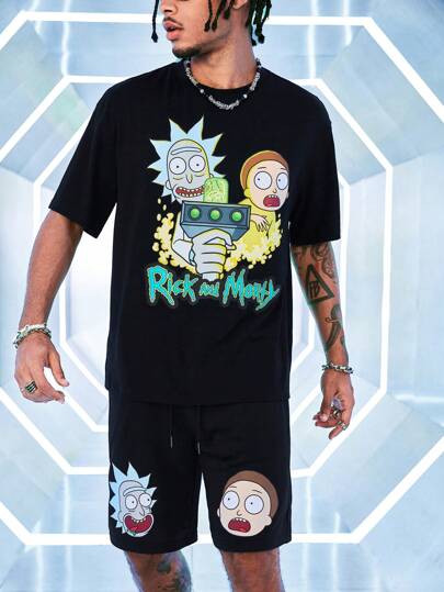 Rick and Morty X SHEIN Conjunto de camiseta y pantalones cortos de verano para hombre, con estampado de letra de dibujo animado en color negro y corte holgado, para moda urbana casual