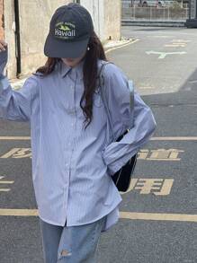 Dazy Kids 少女条纹落肩长袖单排扣休闲宽松衬衫，返校服，秋装 - 藍色 - 查看 5