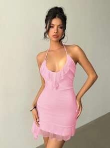Aloruh Vestido corto sin espalda con corbata en el cuello y tirantes, para mujer