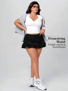 Flexra Minifalda de mezclilla de punto con volantes, elástica y de talla grande - Negro - Ver 6
