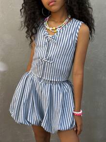 Coolane Kids Tween Girls Spring/Summer Streetwear Y2K Crop Tops Tank Tops Bubble Skirts Two Pieces Outfits - Blue and White - View 4