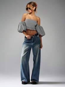MISSGUIDED Gingham Puff Sleeve Bardot Crop Top Ruffle Hem Summer Off Shoulder Festival Brunch Vacation Boutique Fashion Statement - Black - View 5