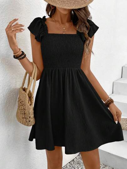 SHEIN Frenchy Solid Color Square Collar A-Line Dress, Casual Summer Style With Waistline,Boho Clothes Women Black Beach Vacation Holiday Resort