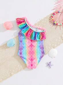 SHEIN 少女3D花朵荷叶边连体细肩带泳衣 - 藍色 - 查看 6