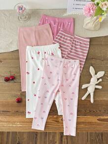 SHEIN Vintaside Kids 5pcs/Set Baby Girls' Casual Rainbow Flower/Stripe/Pattern Print Bottoms, Suitable For Home, Daily Wear In Spring/Summer - Multicolor - View 5