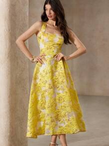 Aveloria Rosie Váy dạ hội lãng mạn cao cấp thanh lịch và tinh tế của Pháp dành cho nữ, họa tiết thêu và lá kim loại sang trọng, váy dài bó sát không tay và xòe - Màu vàng - Xem 6