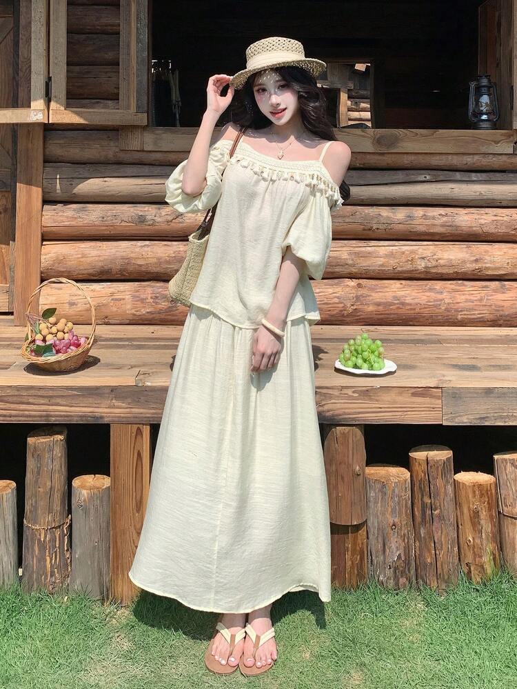 Women's 2 Pieces Set: Linen Off-Shoulder Top With Tassel Trim And Skirt, Spring/Summer