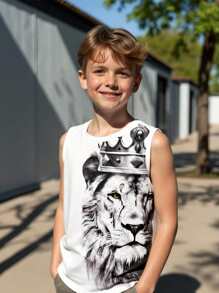 SHEIN Leap Crew 2pcs Tween Boy Versatile Comfortable Printed Loose Fit Crew Neck Sleeveless Knit Tank Top 2 Set Pack - Multicolor - View 3