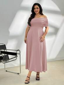 Firerie 大码女式优雅休闲露肩褶皱垂坠 A 字形无袖连衣裙，有弹性，适合通勤，春夏季 - 藕粉色 - 查看 4