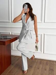SHEIN Cottnline طقم بذلة أنيق مفصل مع حزام للخصر للسيدات - أبيض - مشاهدة 4