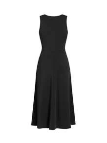 Ellevyn 女式无袖金属装饰荷叶边针织修身中长连衣裙，优雅日常通勤装，黑色，春夏季