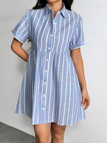 SHEIN PETITE Striped Short Sleeve Summer Dress, Fashionable - Blue and White - View 3