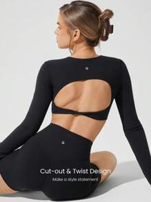 GLOWMODE FeatherFit™ Ready To Glow Long Sleeve Twist Front Open Back Removable Cups Crop Top Low-Impact Yoga Pilates Studio Daily Casual Wear - Black - View 2