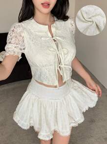 Modelyn Blusa elegante de unicolor con cordón y dobladillo con encaje para mujeres - Albaricoque - Ver 1