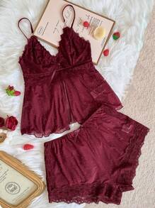 SilkySpell 2件套性感蕾丝拼接水钻网眼吊带背心和性感睡裤女士 - 酒紅色 - 查看 5