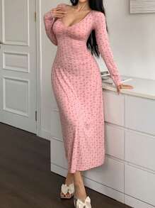 DAZY Camisón de noche con cuello en V largo, drapeado y estampado floral ditsy, para otoño e invierno - Rosa - Ver 4