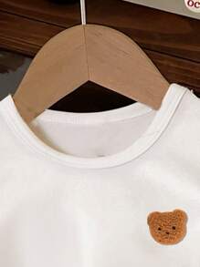 Baby Boy Casual Cute Bear Embroidered Patch Cartoon Short Sleeve Crew Neck Top, Suitable For Summer - White - View 3