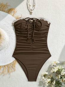 Swim Vcay 1 Mảnh Đồ bơi hở lưng trang trí sao biển và vỏ sò màu nâu thanh lịch dành cho nữ, đi nghỉ - màu nâu - Xem 4