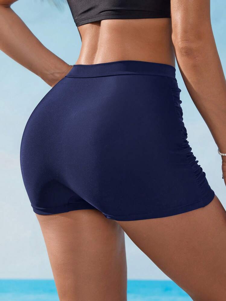 Swim Lushoire Women's Black High Waist Ruched Tummy Control Cheeky Bikini Bottom, Flattering Fit For Vacation, Beach, Spring/Summer - Navy Blue - View 7