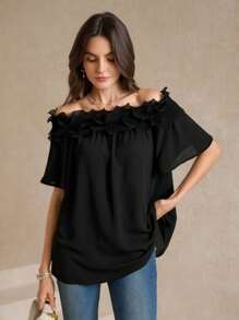 Amorya 一字肩荷葉邊襯衫 - 黑色 - 查看 2