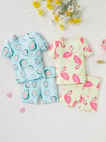 School Girl 2pcs/Set Allover Print Shorts & Snug Fit Short Sleeve Sleepwear, Casual - Multicolor - View 4