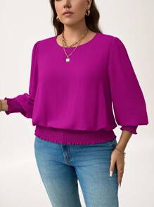 SHEIN LUNE Camicetta casual con maniche a palloncino, tinta unita, adatta per le feste di Capodanno, taglie comode - Viola rosso - Visualizzare 5