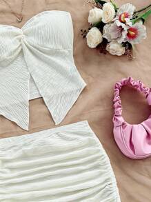 Soleia Conjunto de 2 piezas, top tubo asimétrico con textura en unicolor y falda con elástico en la cintura para vacaciones de verano de mujer - Conjunto blanco de dos piezas, atuendo de verano blanco - Blanco - Ver 6