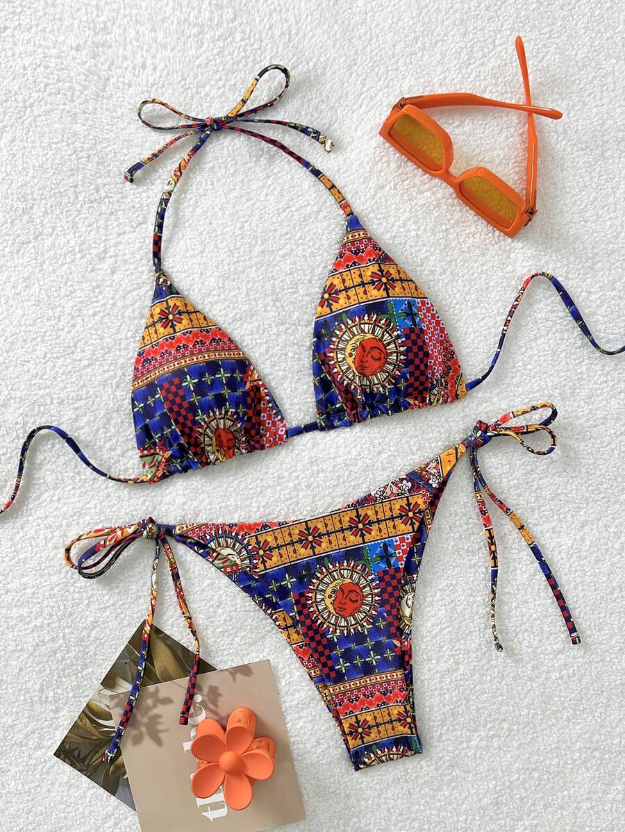 Soleia 2 件套女士蓝色格子吊带比基尼泳装，度假装 - 彩色 - 查看 1