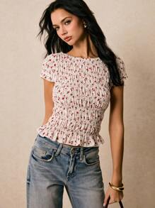 Poéselle 女士短袖衬衫褶皱花卉浪漫可爱休闲甜美荷叶边下摆短袖衬衫 - 彩色 - 查看 6