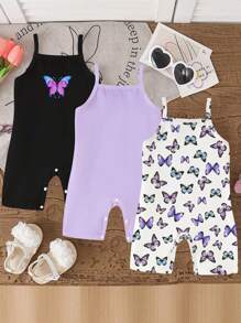 3pcs/Pack Baby Girls' Butterfly Print Strap Romper, 1 Purple, 1 Full Print, 1 Black Baby Girl Butterfly Summer Outfits - Multicolor - View 2