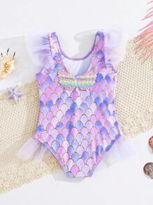 SHEIN Young Girl Knit Round Net Ruffled One-Piece Swimsuit - Purple - View 6