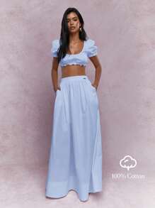 MISSGUIDED Milkmaid Puff Sleeve Ruffle Crop Top High Waist Maxi Skirt Summer Beach Vacation Resort Wear - Baby Blue - View 5