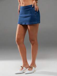 Avantive 夏季新款水洗A字牛仔短裤，简约风格，灰蓝色 - 灰色 - 查看 4