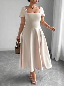 Elenzga Đầm tay ngắn cổ thuyền xẻ ngực, eo thắt chặt, viền loe, dáng rộng, dành cho nữ, đi làm văn phòng, đi chơi, tiệc trà chiều, mùa xuân/hè - Màu be - Xem 5