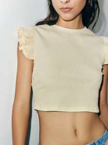 Lumivelle Women Ribbed Form-Fitting Cap Sleeve Round Neck T-Shirt,Cream Summer Casual Occasion Layered Decor Ruffle Crop Tops Back To School Clothes University - Apricot - View 5