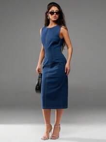 Avantive 全新夏季女式圆领无袖束腰超长牛仔连衣裙 - 深色水洗藍 - 查看 4