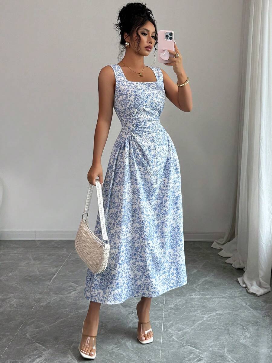 Rafferiza Women's French Holiday Blue Floral Print Ruffle Sleeveless Dress - Blue - View 1