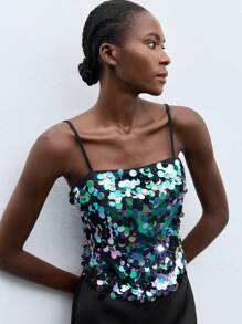 Maija 彩色亮片装饰吊带背心，时尚都市风格，适合夏季度假、派对、节日活动，用途广泛 - 黑色 - 查看 6