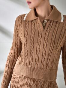 EURMUSE Brown Two Piece Set Women Top With Fold-Over Collar And Button Design + A-Line Silhouette Sweater With Intricate Cable Knitting Pattern,Winter Clothes - Camel - View 5