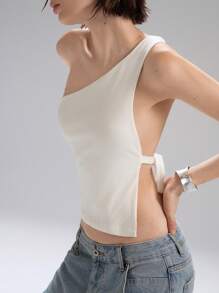 LYSMO 2025年夏季新款女式不对称露背单肩修身上衣，金属环细节和侧系带设计。完美契合辣妹风格、极简主义日常穿着和前卫休闲时尚，不对称上衣 - 白色 - 查看 5