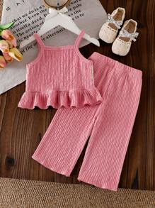 SHEIN Baby Girl Casual Daily Fashion Floral Embroidery Delicate Strap Top And Solid Color Pants Set, Cute Sunshine Outfit For Summer Outdoor Toddler Girl Two Piece Set Toddler Girl Clothes Baby Girl Summer Outfit Girls Two Piece Outfits 2 Piece Set Toddler Girl, 2 Piece Baby Girl Pants And Top, Baby Girl Summer Outfit, Baby Girl Floral Outfit - Pink - View 2