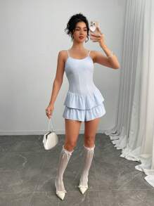 INAWLY Combishort sexy minimaliste à laçage multicouche - Bleu ciel - Voir 5