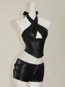 SHEIN ICON Y2k Going Out Summer Sexy Concert Burgundy PU Leather Halter Neck Women's Sexy Solid Backless Halter Tank Top, Summer - Black - View 7