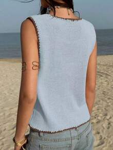 Jouncy Women's Casual Contrast Binding Button-Front Sleeveless Knit Top