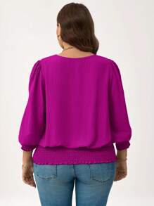SHEIN LUNE Camicetta casual con maniche a palloncino, tinta unita, adatta per le feste di Capodanno, taglie comode - Viola rosso - Visualizzare 2